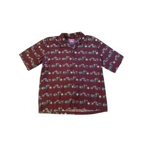 Vintage Men 2X Dem Cracy Red Motorcycle Harley Bike Print Button-Down Shirt Top